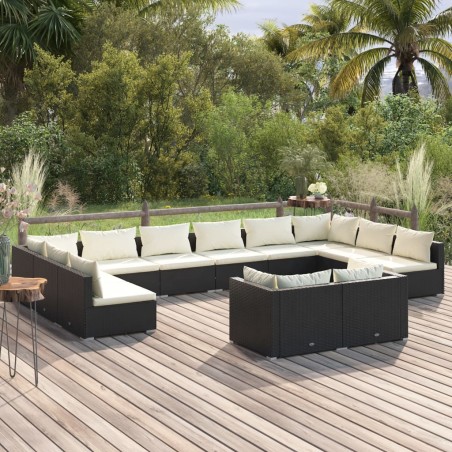 vidaXL Set de muebles de jardín 12 pzas cojines ratán sintético negro