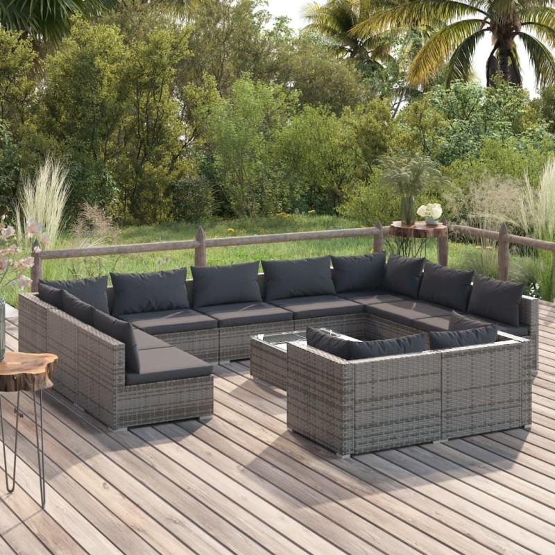 vidaXL Set de muebles de jardín 12 pzas y cojines ratán sintético gris