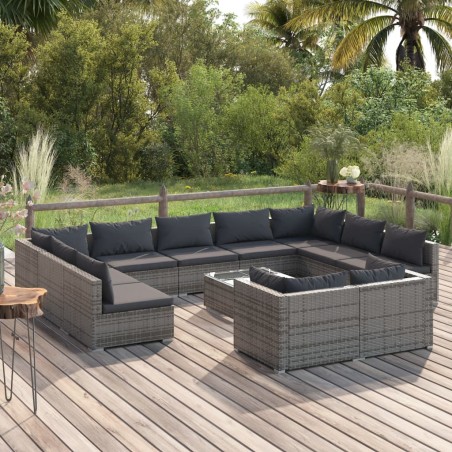 vidaXL Set de muebles de jardín 12 pzas y cojines ratán sintético gris