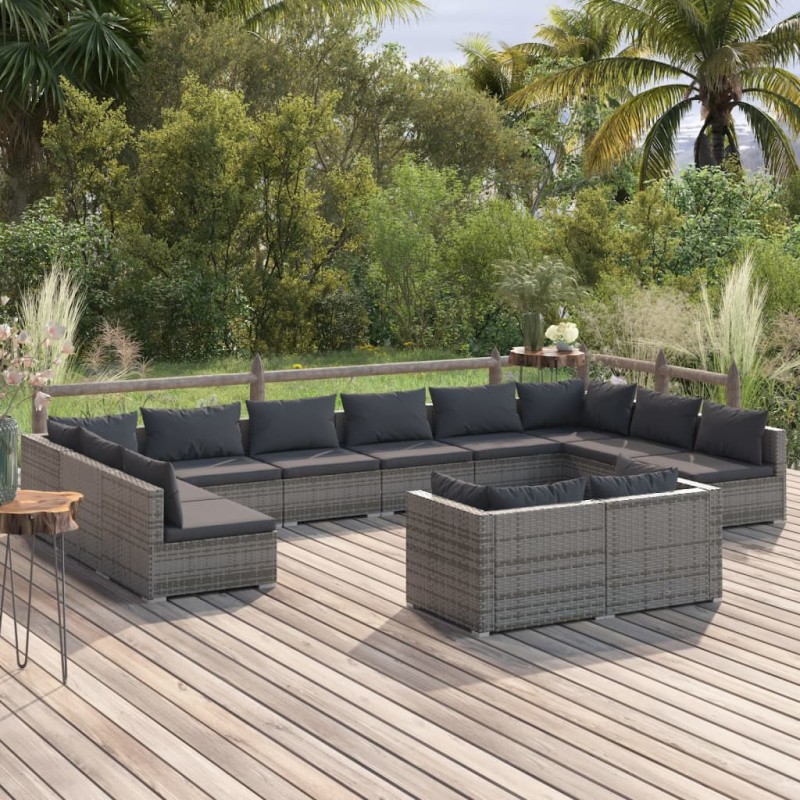 vidaXL Set de muebles de jardín 12 pzas y cojines ratán sintético gris vidaXL Set de muebles de jardín 12 pzas y cojines ratán sintético gris
