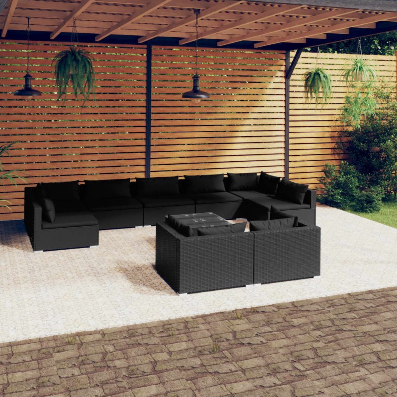 vidaXL Set de muebles de jardín 10 pzas cojines ratán sintético negro vidaXL Set de muebles de jardín 10 pzas cojines ratán sintético negro