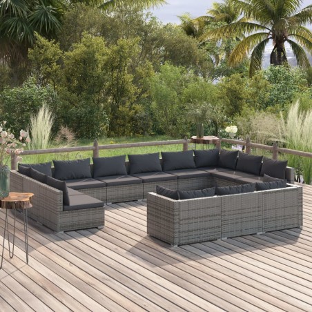vidaXL Set de muebles de jardín 13 pzas y cojines ratán sintético gris