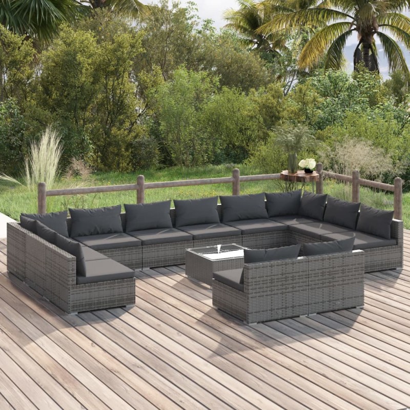 vidaXL Set muebles de jardín 13 piezas y cojines ratán sintético gris