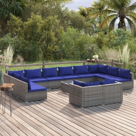 vidaXL Set de muebles de jardín 13 pzas y cojines ratán sintético gris