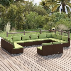 vidaXL Set muebles de jardín y cojines 12 pzas ratán sintético marrón
