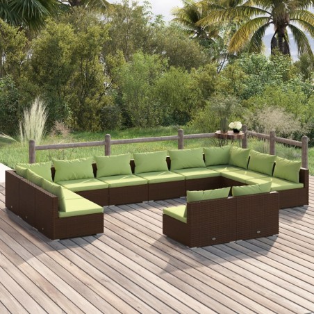 vidaXL Set muebles de jardín y cojines 12 pzas ratán sintético marrón