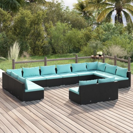 vidaXL Set de muebles de jardín 12 pzas cojines ratán sintético negro