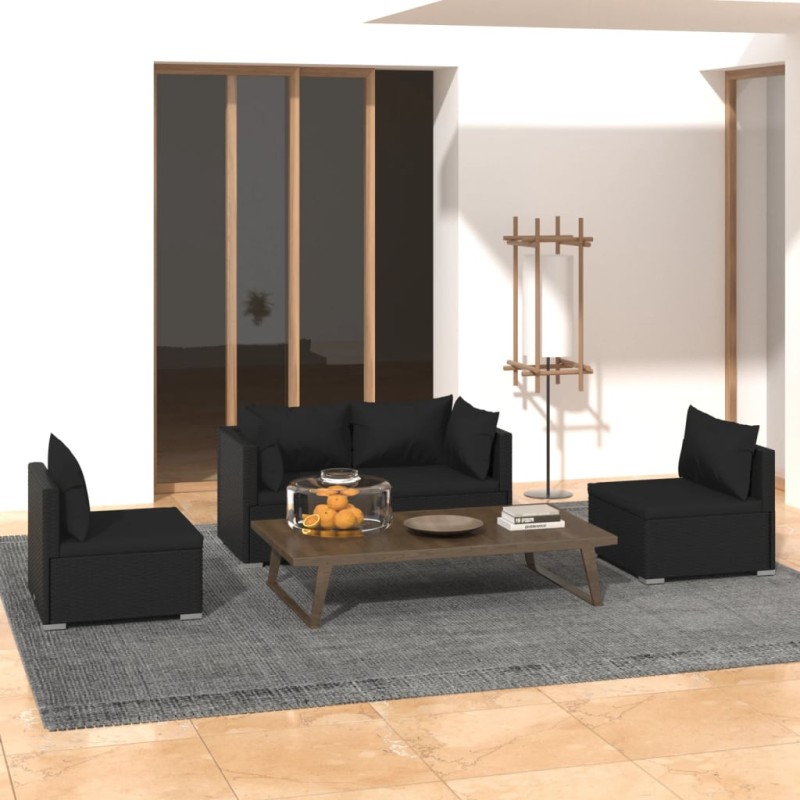vidaXL Set de muebles de jardín 4 pzas y cojines ratán sintético negro vidaXL Set de muebles de jardín 4 pzas y cojines ratán sintético negro