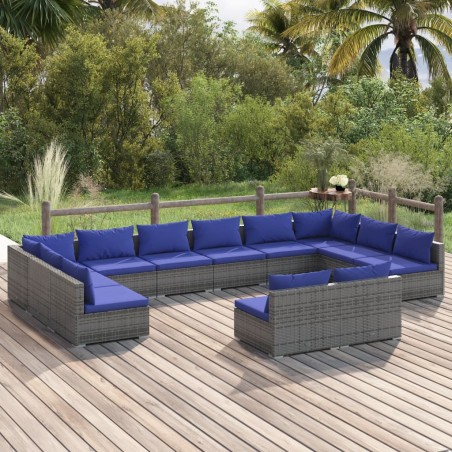 vidaXL Set de muebles de jardín 12 pzas cojines ratán sintético gris