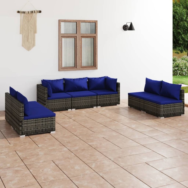 vidaXL Set de muebles de jardín 7 pzas y cojines ratán sintético gris