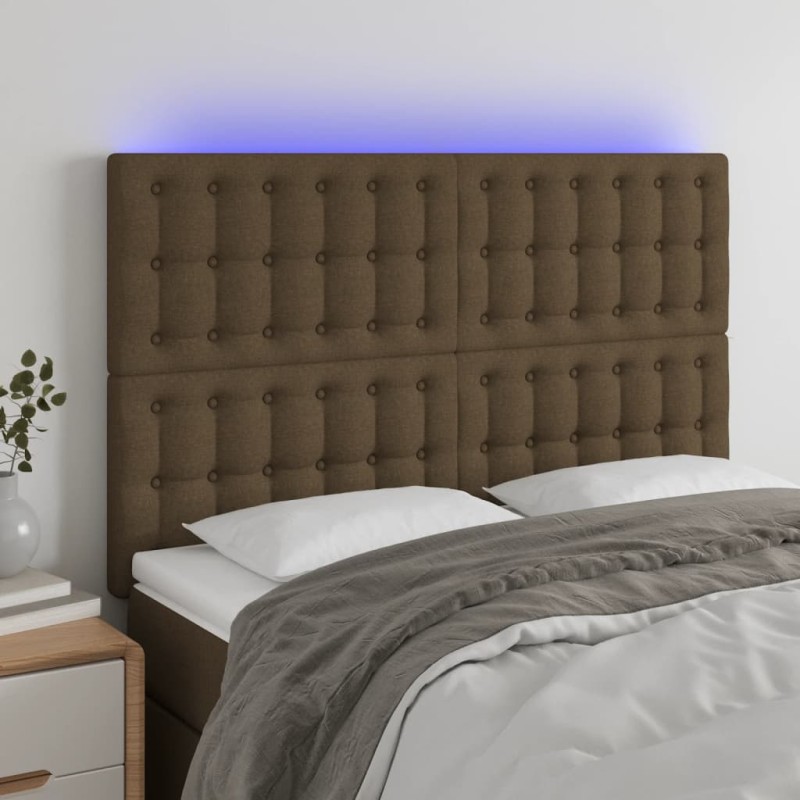 vidaXL Cabecero con luces LED tela marrón oscuro 144x5x118/128 cm vidaXL Cabecero con luces LED tela marrón oscuro 144x5x118/128 cm