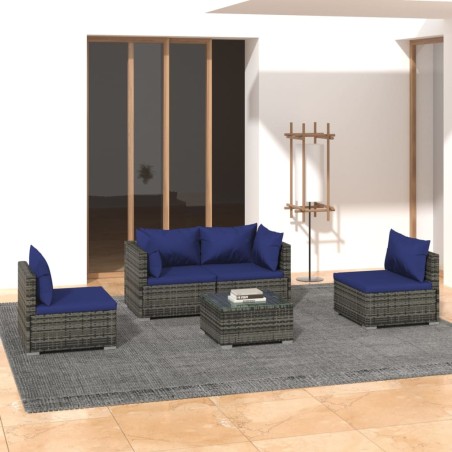 vidaXL Set de sofás de jardín 5 piezas y cojines ratán sintético gris