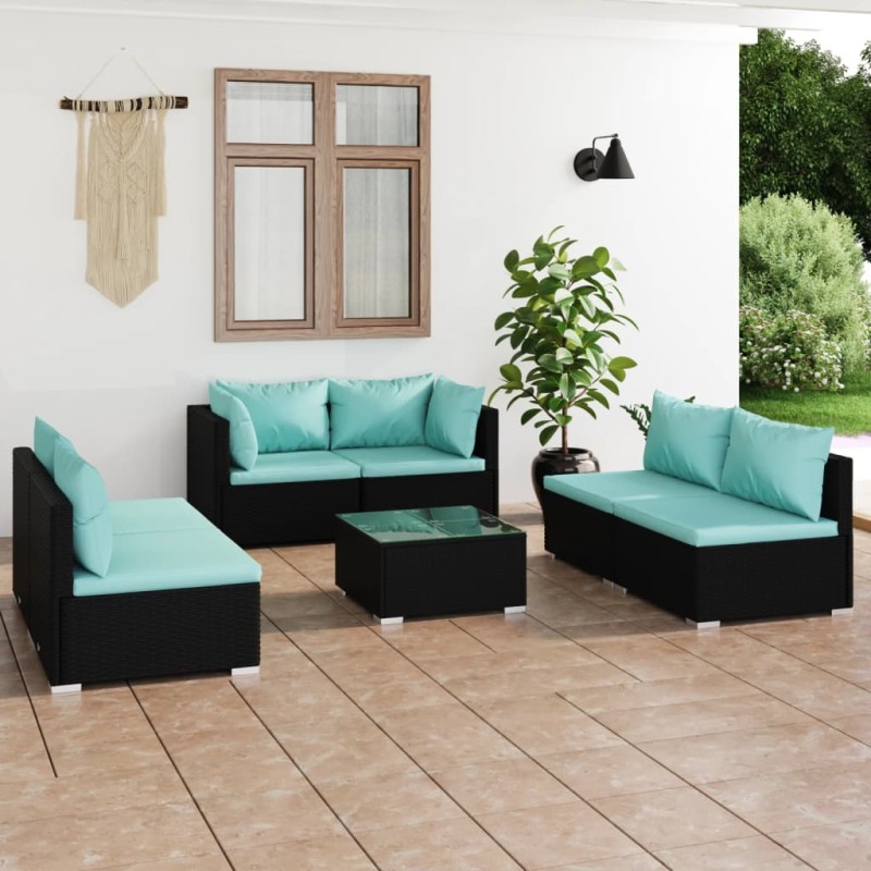 vidaXL Set de muebles de jardín 7 pzas y cojines ratán sintético negro vidaXL Set de muebles de jardín 7 pzas y cojines ratán sintético negro