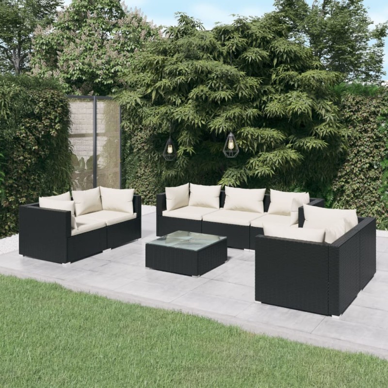 vidaXL Set de muebles de jardín 8 pzas y cojines ratán sintético negro vidaXL Set de muebles de jardín 8 pzas y cojines ratán sintético negro