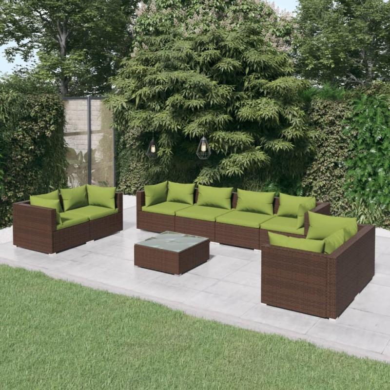 vidaXL Set muebles de jardín 9 piezas y cojines ratán sintético marrón