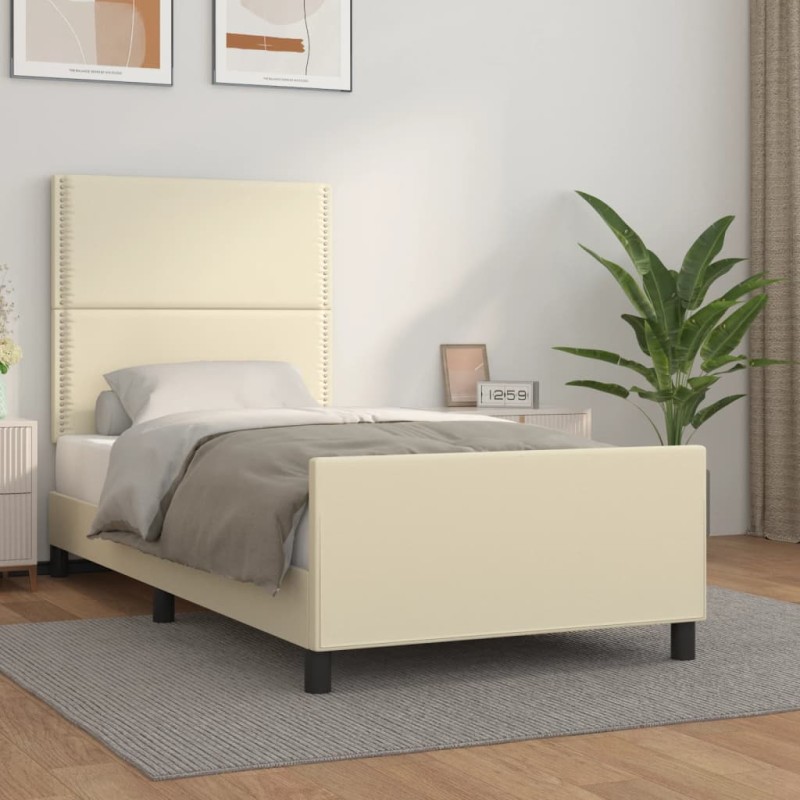 vidaXL Estructura de cama con cabecero cuero sintético crema 100x200cm vidaXL Estructura de cama con cabecero cuero sintético crema 100x200cm