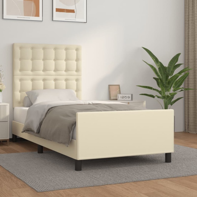 vidaXL Estructura de cama con cabecero cuero sintético crema 90x190 cm vidaXL Estructura de cama con cabecero cuero sintético crema 90x190 cm