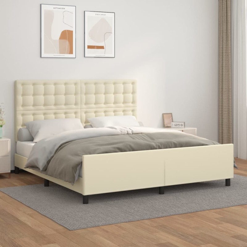 vidaXL Estructura de cama con cabecero cuero sintético crema 180x200cm vidaXL Estructura de cama con cabecero cuero sintético crema 180x200cm
