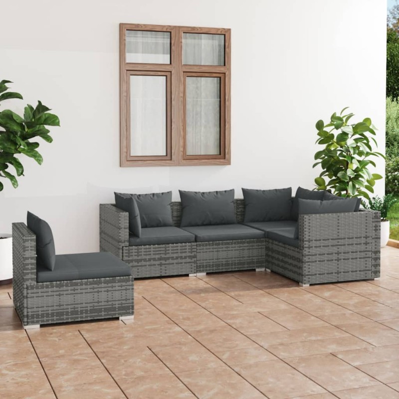 vidaXL Set de muebles de jardín 5 pzas y cojines ratán sintético gris vidaXL Set de muebles de jardín 5 pzas y cojines ratán sintético gris