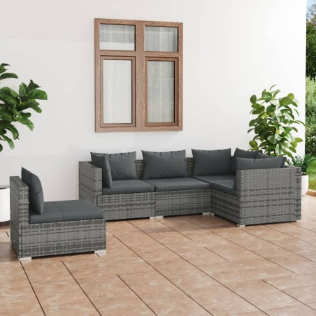 vidaXL Set de muebles de jardín 5 pzas y cojines ratán sintético gris