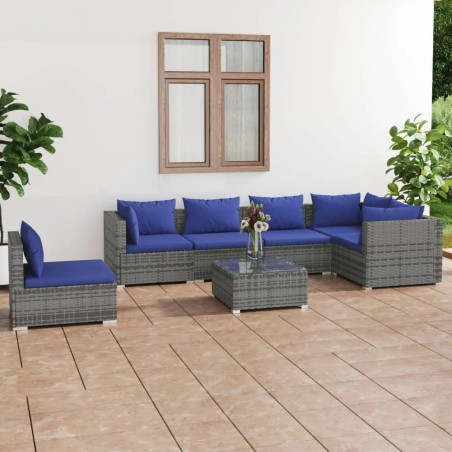vidaXL Set de sofás de jardín 7 piezas y cojines ratán sintético gris