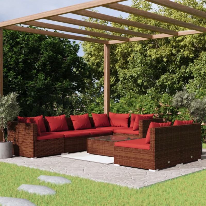vidaXL Set sofás de jardín 8 piezas y cojines ratán sintético marrón vidaXL Set sofás de jardín 8 piezas y cojines ratán sintético marrón