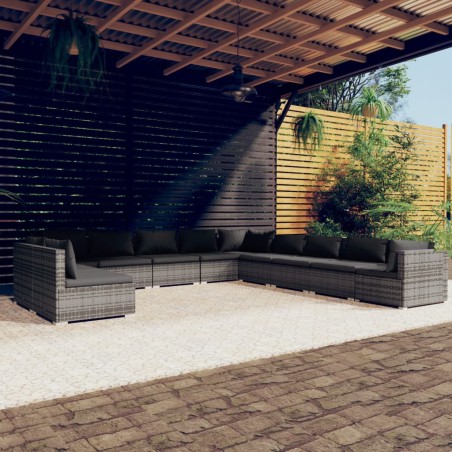 vidaXL Set de muebles de jardín 11 pzas y cojines ratán sintético gris
