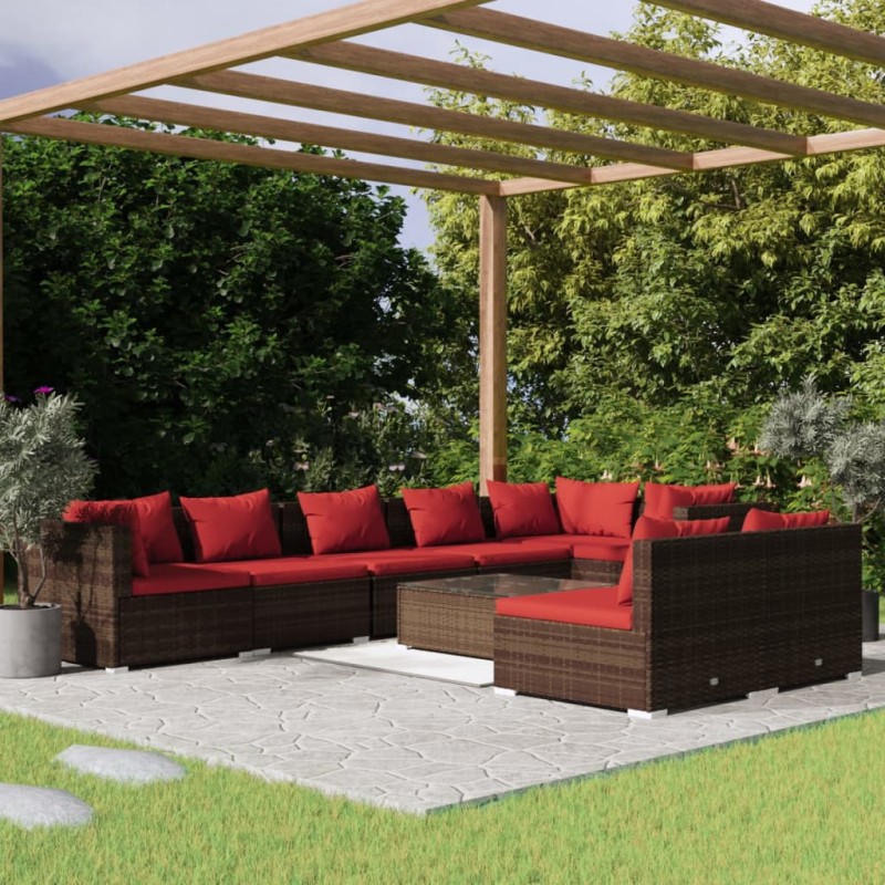 vidaXL Set muebles de jardín 9 piezas y cojines ratán sintético marrón vidaXL Set muebles de jardín 9 piezas y cojines ratán sintético marrón