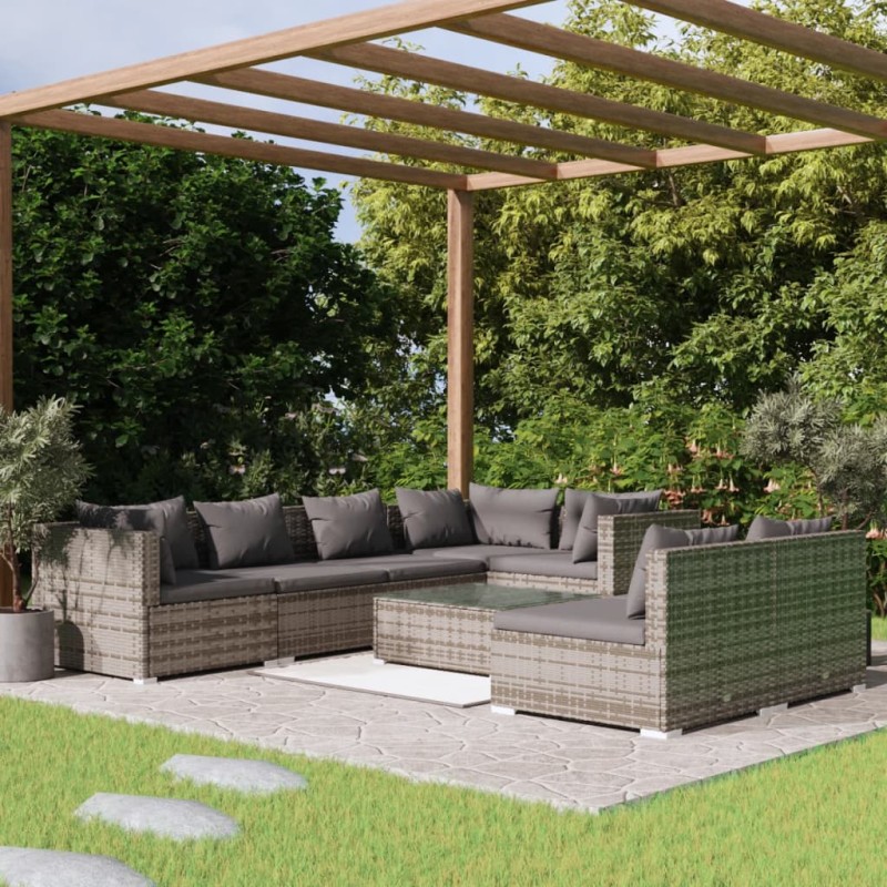 vidaXL Set de muebles de jardín 8 pzas y cojines ratán sintético gris vidaXL Set de muebles de jardín 8 pzas y cojines ratán sintético gris