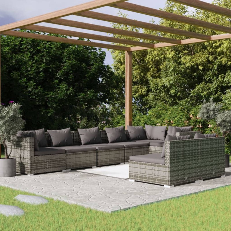 vidaXL Set de muebles de jardín 8 pzas y cojines ratán sintético gris vidaXL Set de muebles de jardín 8 pzas y cojines ratán sintético gris