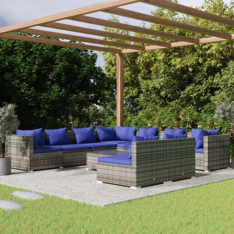 vidaXL Set de muebles de jardín 10 pzas y cojines ratán sintético gris vidaXL Set de muebles de jardín 10 pzas y cojines ratán sintético gris