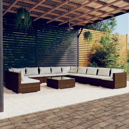 vidaXL Set muebles de jardín y cojines 12 pzas ratán sintético marrón