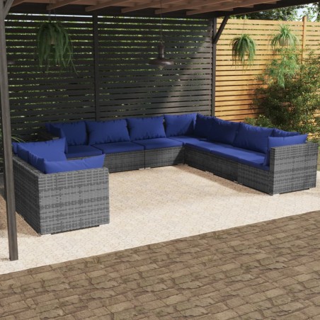 vidaXL Set de muebles de jardín 9 pzas y cojines ratán sintético gris
