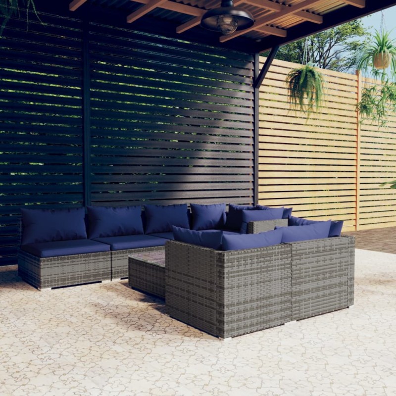 vidaXL Set de muebles de jardín 8 pzas y cojines ratán sintético gris vidaXL Set de muebles de jardín 8 pzas y cojines ratán sintético gris