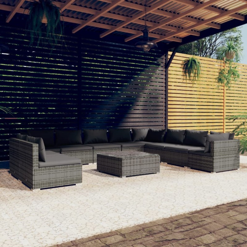 vidaXL Set de muebles de jardín 11 pzas y cojines ratán sintético gris vidaXL Set de muebles de jardín 11 pzas y cojines ratán sintético gris