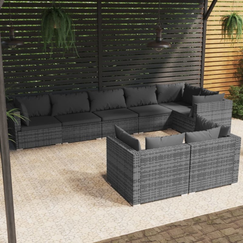 vidaXL Set de muebles de jardín 8 pzas y cojines ratán sintético gris vidaXL Set de muebles de jardín 8 pzas y cojines ratán sintético gris