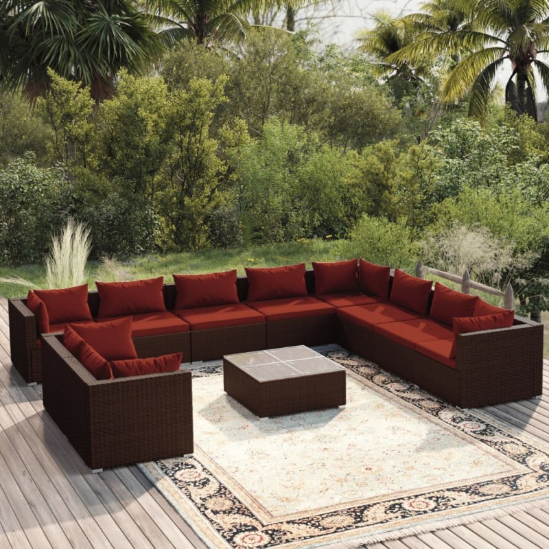 vidaXL Set de muebles de jardín 11 pzas cojines ratán sintético marrón vidaXL Set de muebles de jardín 11 pzas cojines ratán sintético marrón