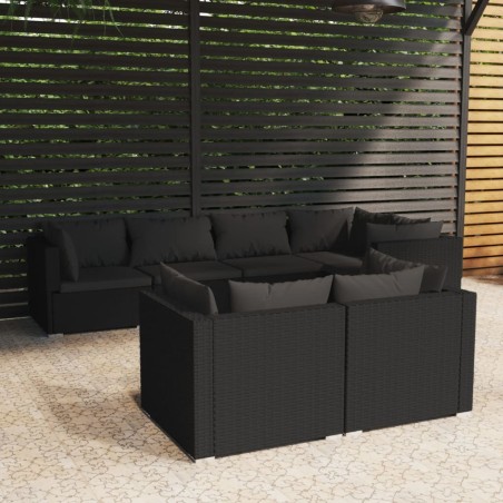 vidaXL Set de muebles de jardín y cojines 7 pzas ratán sintético negro