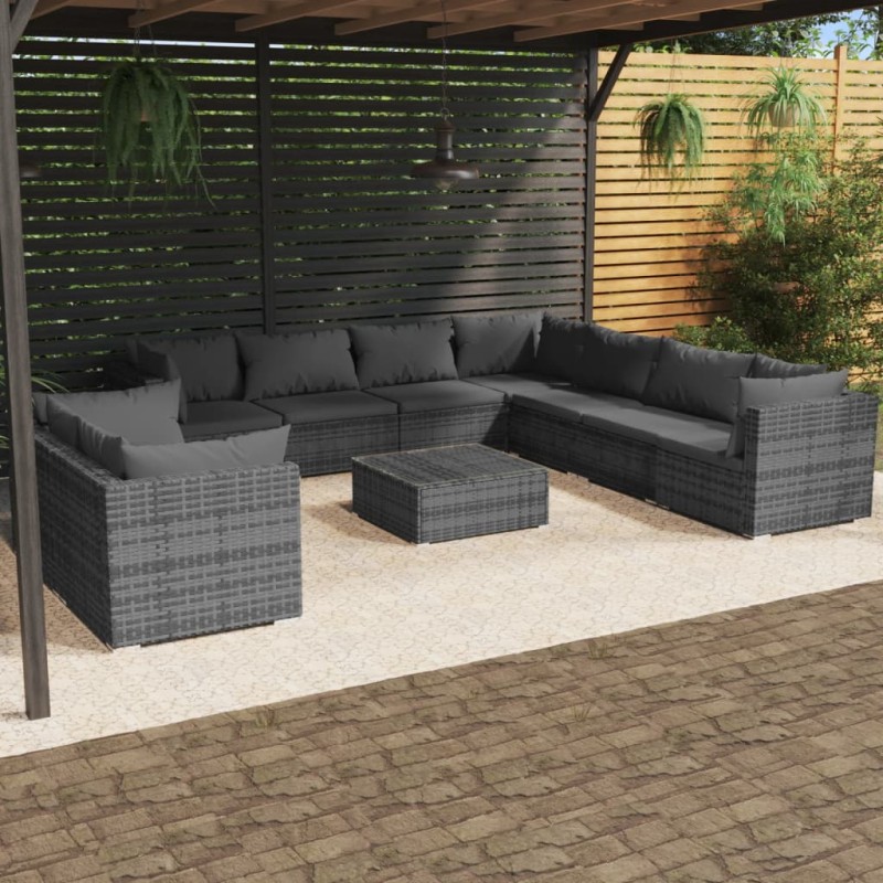 vidaXL Set de muebles de jardín 10 pzas y cojines ratán sintético gris vidaXL Set de muebles de jardín 10 pzas y cojines ratán sintético gris
