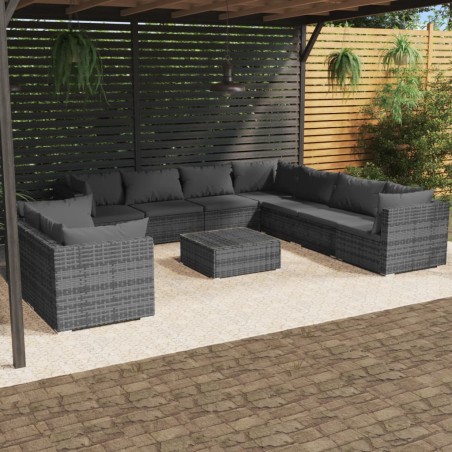 vidaXL Set de muebles de jardín 10 pzas y cojines ratán sintético gris