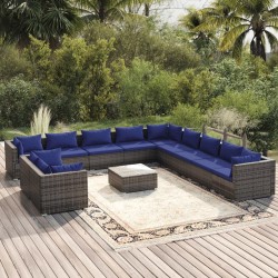 vidaXL Set de muebles de jardín 12 pzas cojines ratán sintético gris