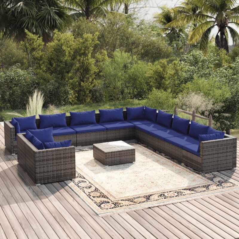 vidaXL Set de muebles de jardín 12 pzas cojines ratán sintético gris
