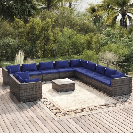 vidaXL Set de muebles de jardín 12 pzas cojines ratán sintético gris