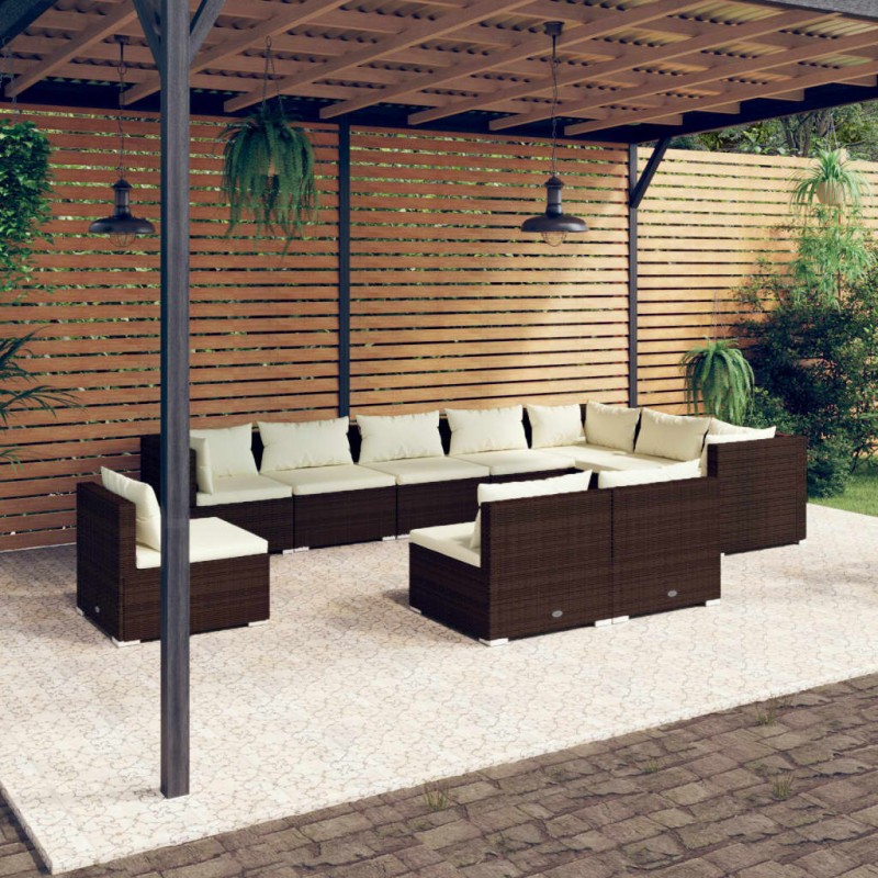 vidaXL Set muebles de jardín 10 pzas y cojines ratán sintético marrón
