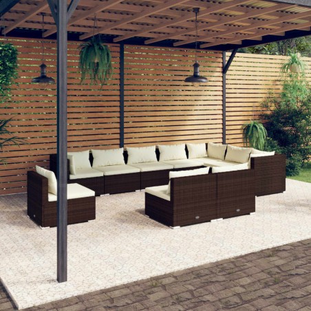 vidaXL Set muebles de jardín 10 pzas y cojines ratán sintético marrón