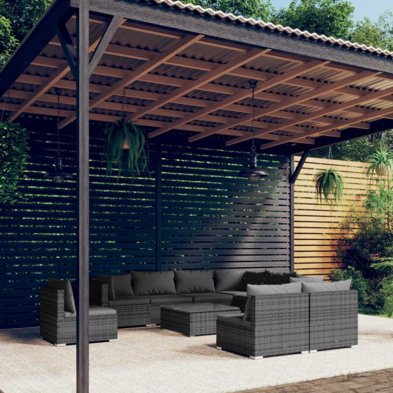 vidaXL Set de muebles de jardín 10 pzas y cojines ratán sintético gris vidaXL Set de muebles de jardín 10 pzas y cojines ratán sintético gris