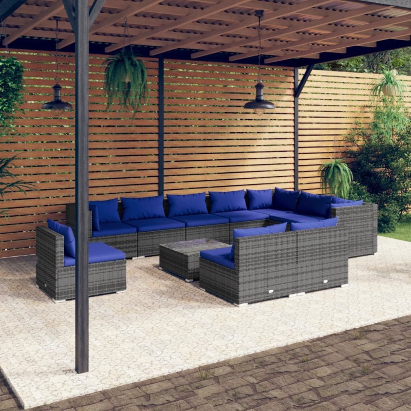 vidaXL Set de muebles de jardín 11 pzas y cojines ratán sintético gris vidaXL Set de muebles de jardín 11 pzas y cojines ratán sintético gris