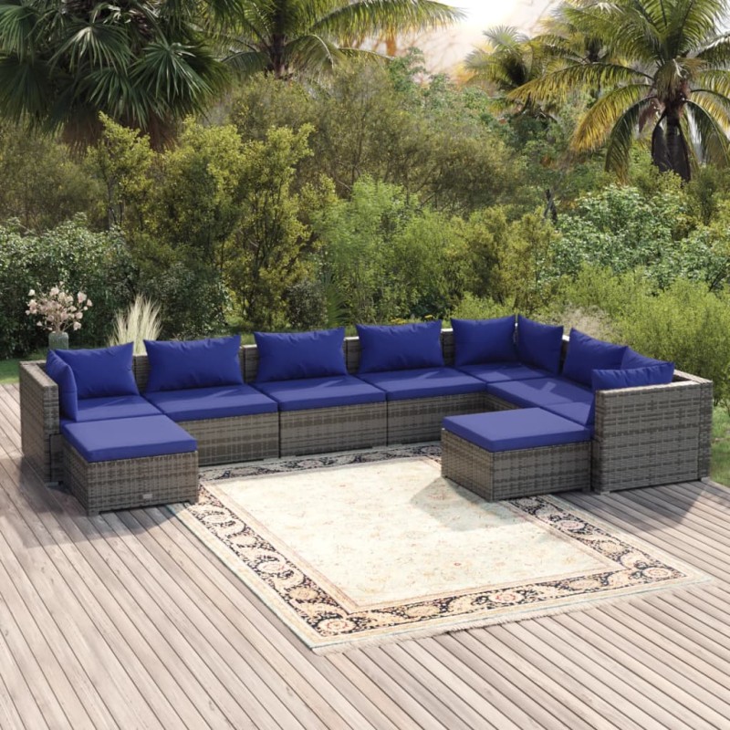 vidaXL Set de muebles de jardín 9 pzas y cojines ratán sintético gris vidaXL Set de muebles de jardín 9 pzas y cojines ratán sintético gris