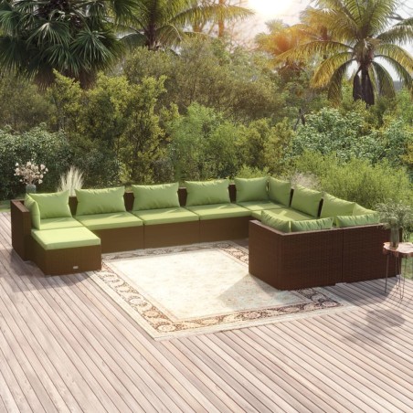 vidaXL Set muebles de jardín 10 pzas y cojines ratán sintético marrón