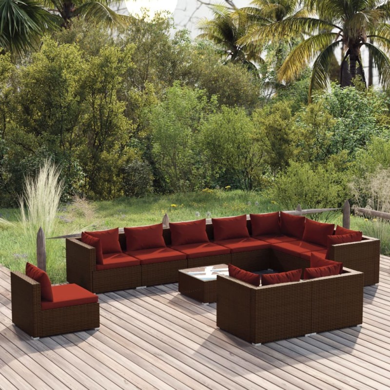 vidaXL Set muebles de jardín 11 pzas y cojines ratán sintético marrón